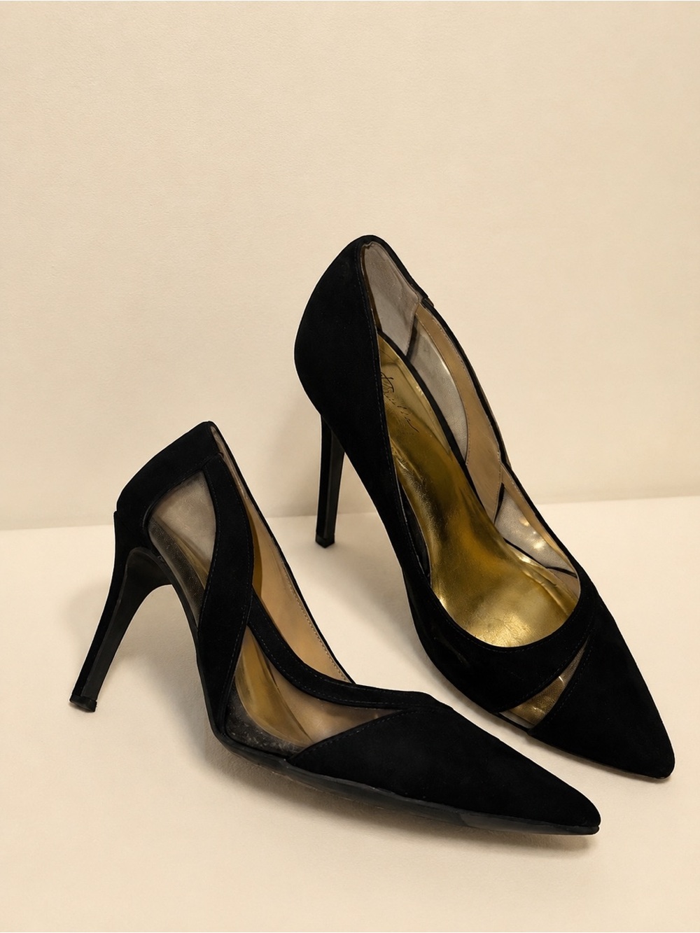 Size 8.5 Thalia Sodi Black Pointed Cutout Stiletto Heels with Gold Insole